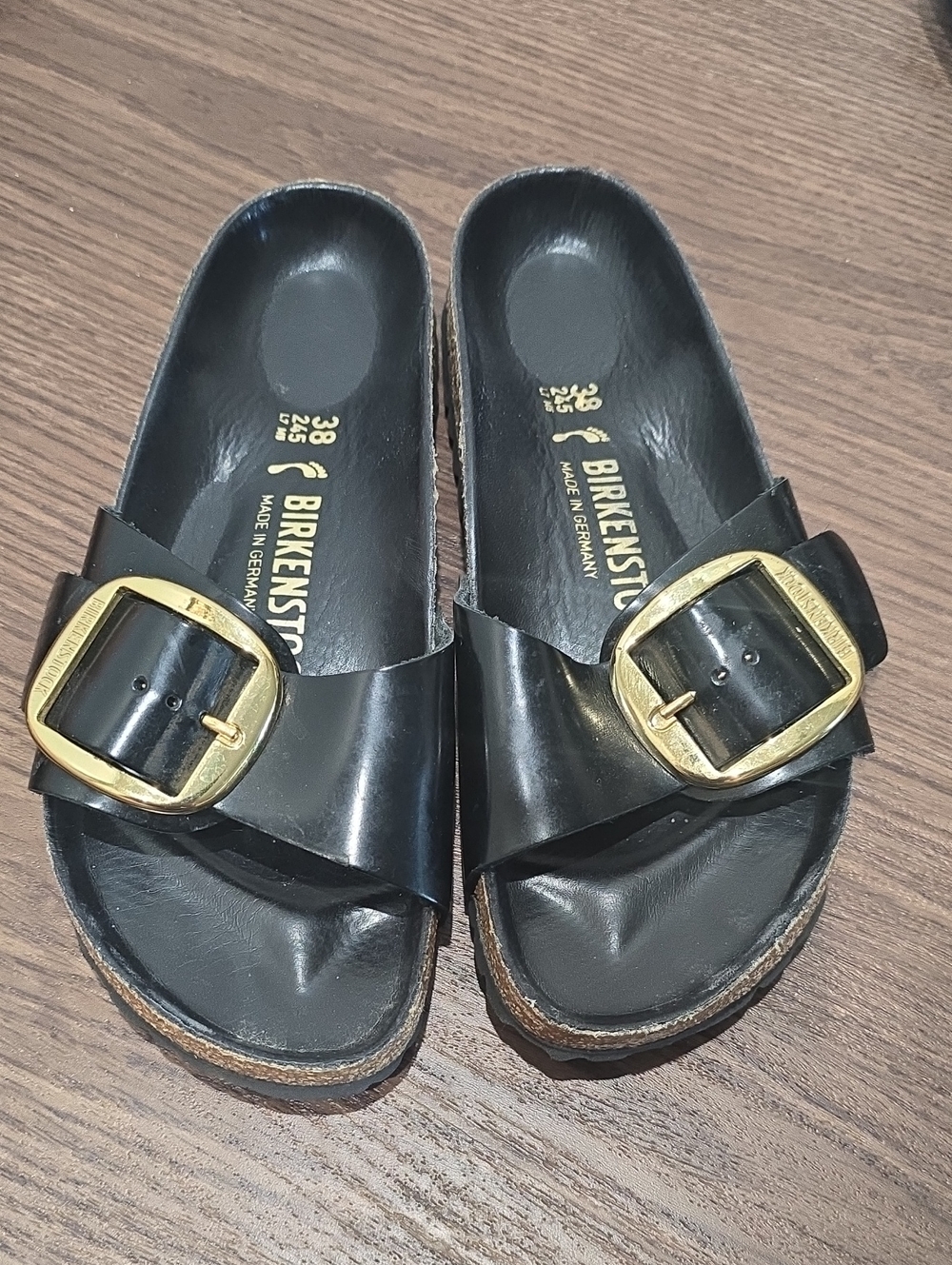 Birkenstock Madrid Black Slide Sandals with Gold Buckles 38